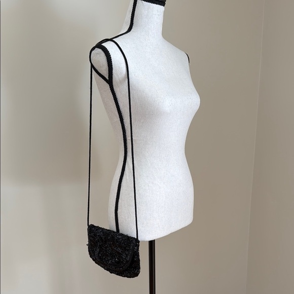Small Elegant Black Beaded Sequin Crossbody Shoulder Bag Purse Formal Evening - Picture 6 of 6